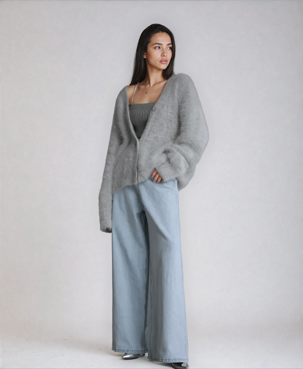 Magnielle | Fluffy Knit Cardigan Deep V-Neck