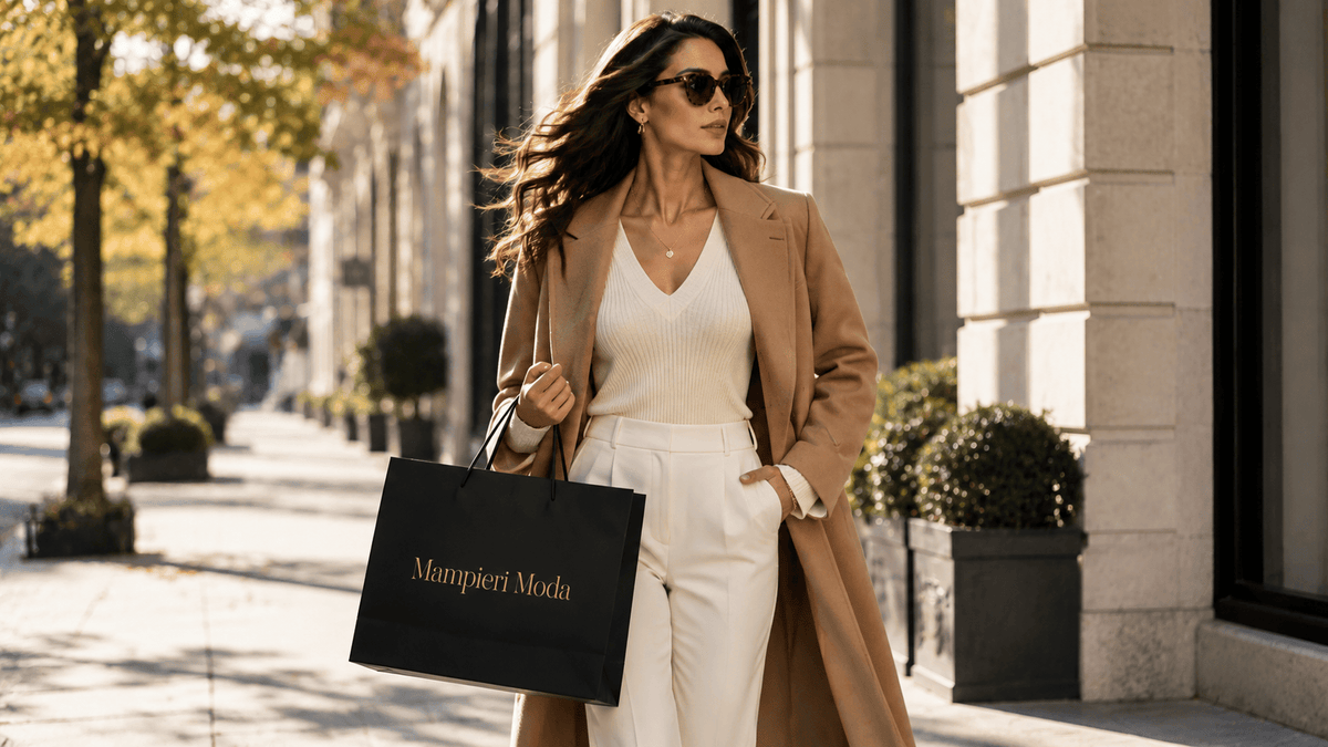 A woman in a camel coat and white V-neck knit on a sunlit, tree-lined street, carrying a black Mampierimoda shopping bag.
