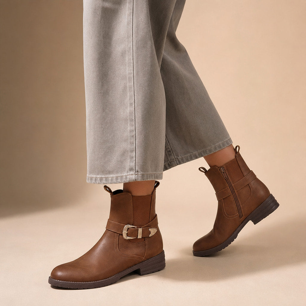Woman wearing western buckle ankle boots with straight-leg jeans