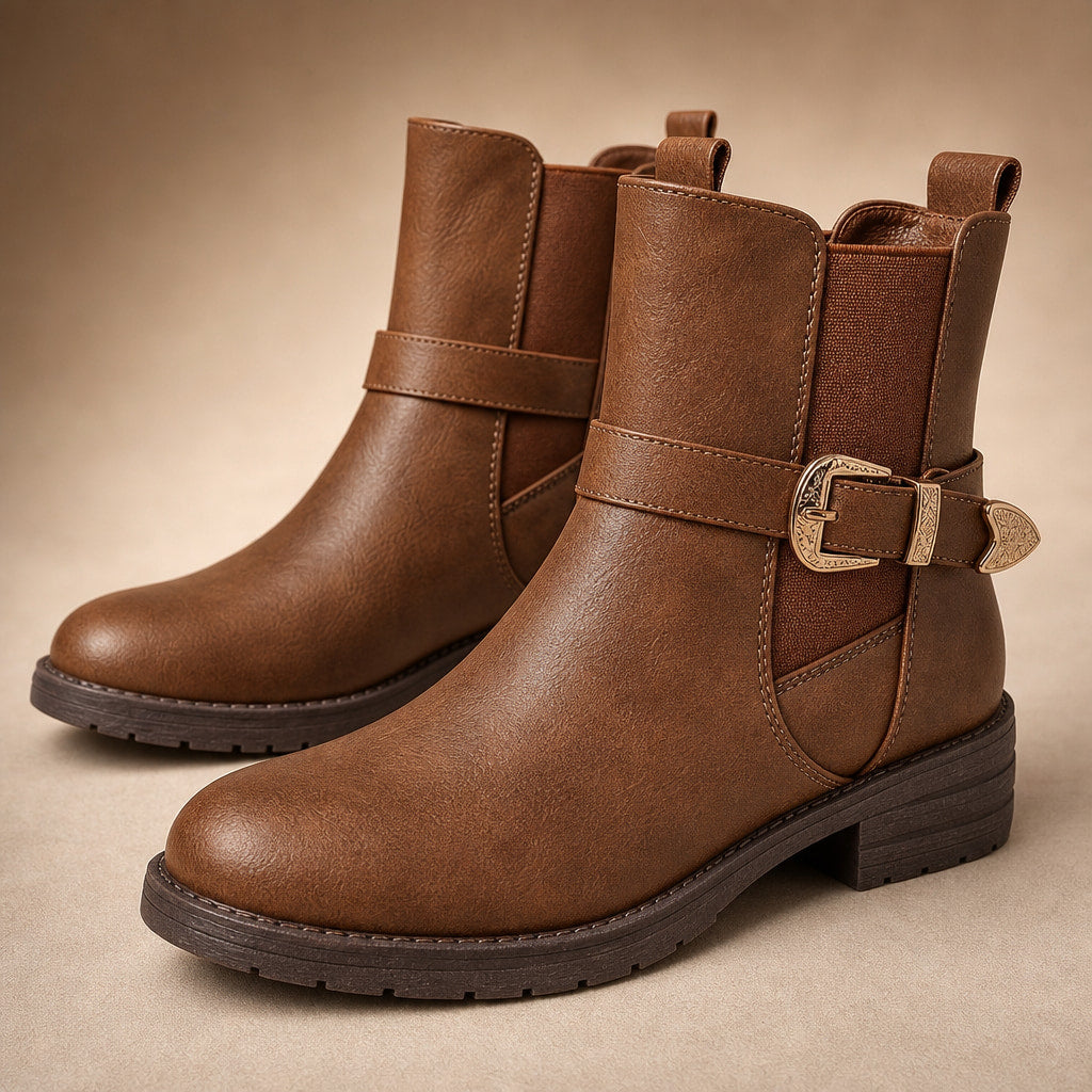 Women's Western Ankle Boots, Buckle Detail Cowboy Booties – Fabric and Detail Close-Up