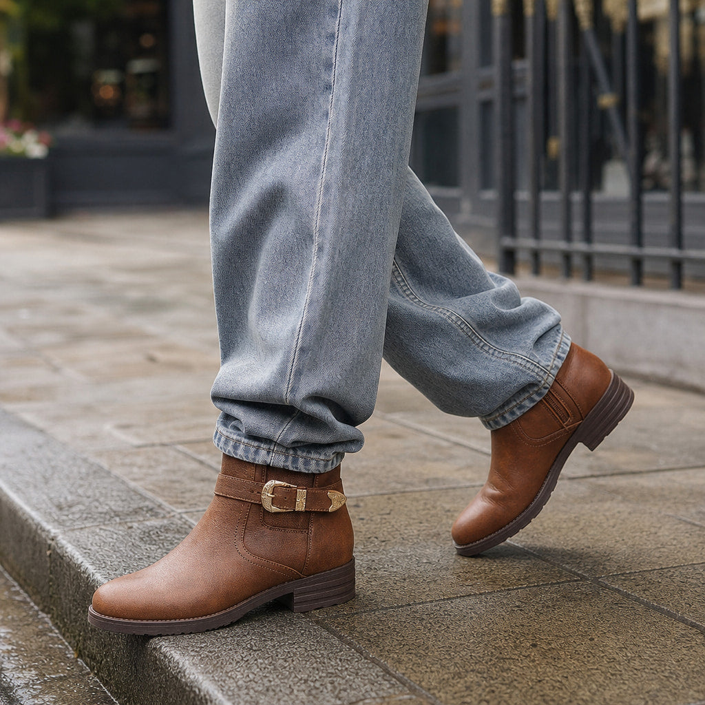 Women's Western Ankle Boots, Buckle Detail Cowboy Booties – Styled Editorial Shot