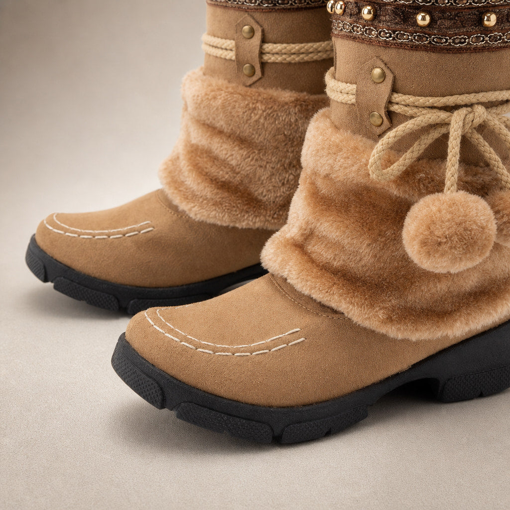 Aileen Boho Faux Fur Snow Boots Brown – Fabric and Detail Close-Up