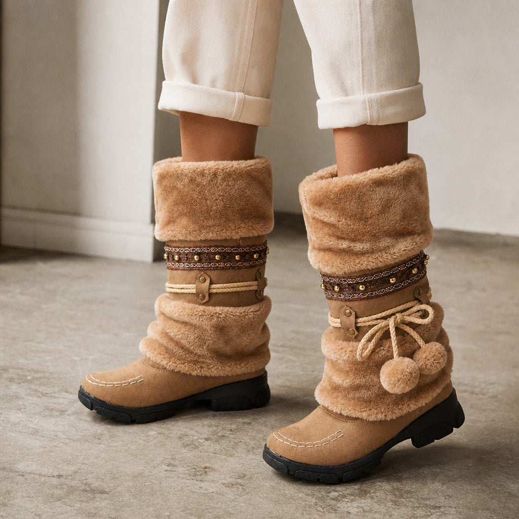 Aileen Boho Faux Fur Snow Boots Brown – Styled Editorial Shot, Detail