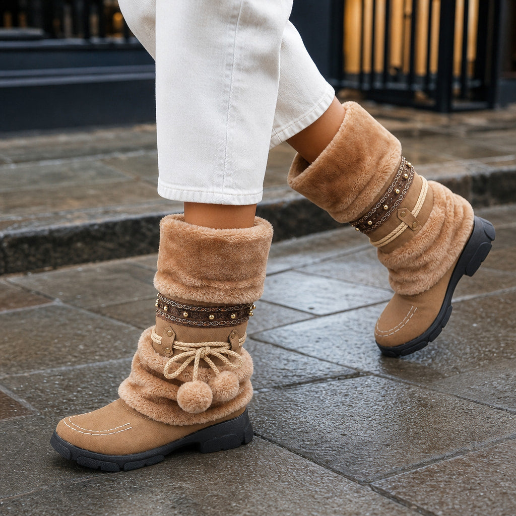 Aileen Boho Faux Fur Snow Boots Brown – Styled Editorial Shot
