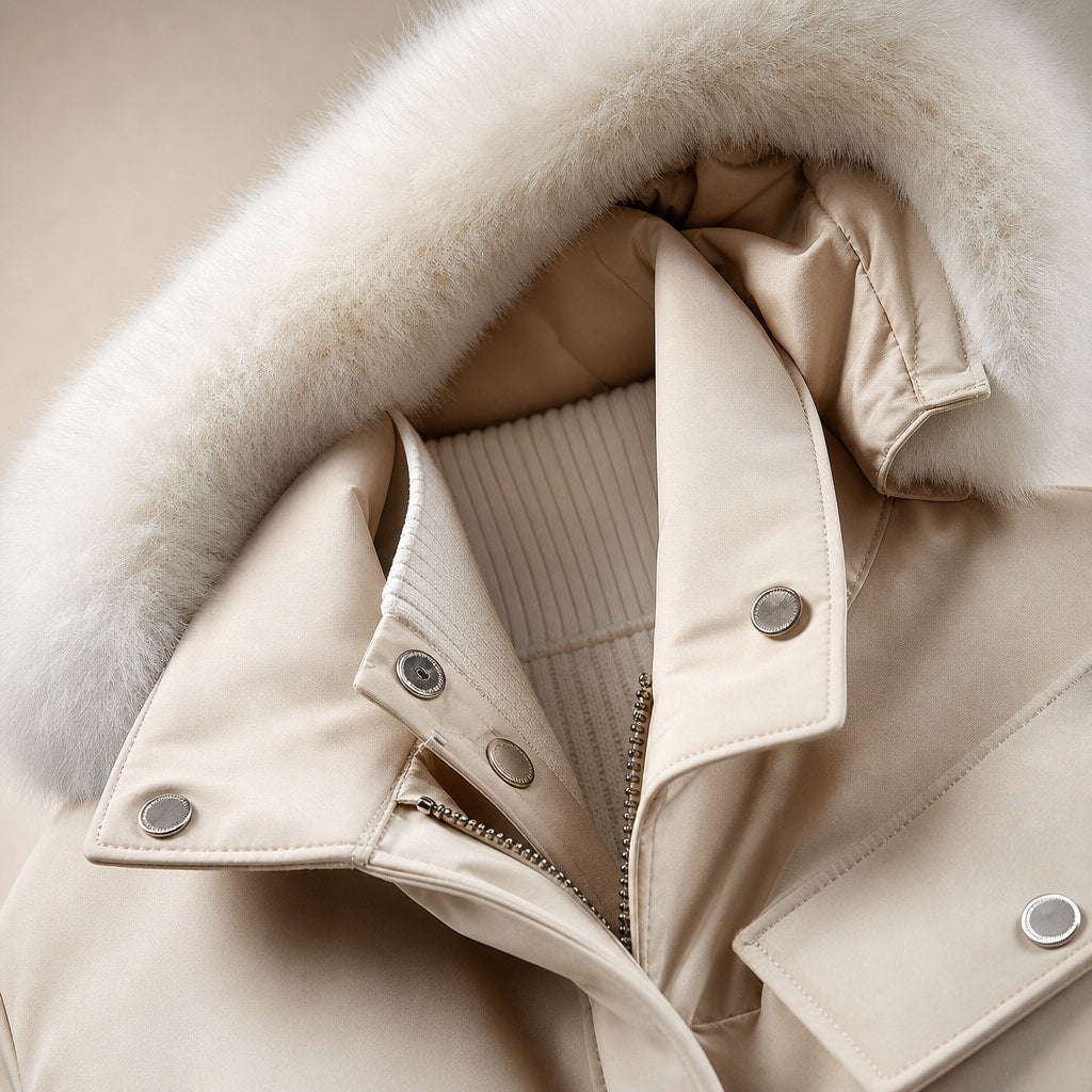 Alessia Fur Lined Winter Parka Off-White – Fabric and Detail Close-Up
