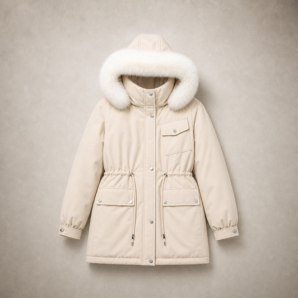 Alessia Fur Lined Winter Parka Off-White – Flat Lay Product Photo