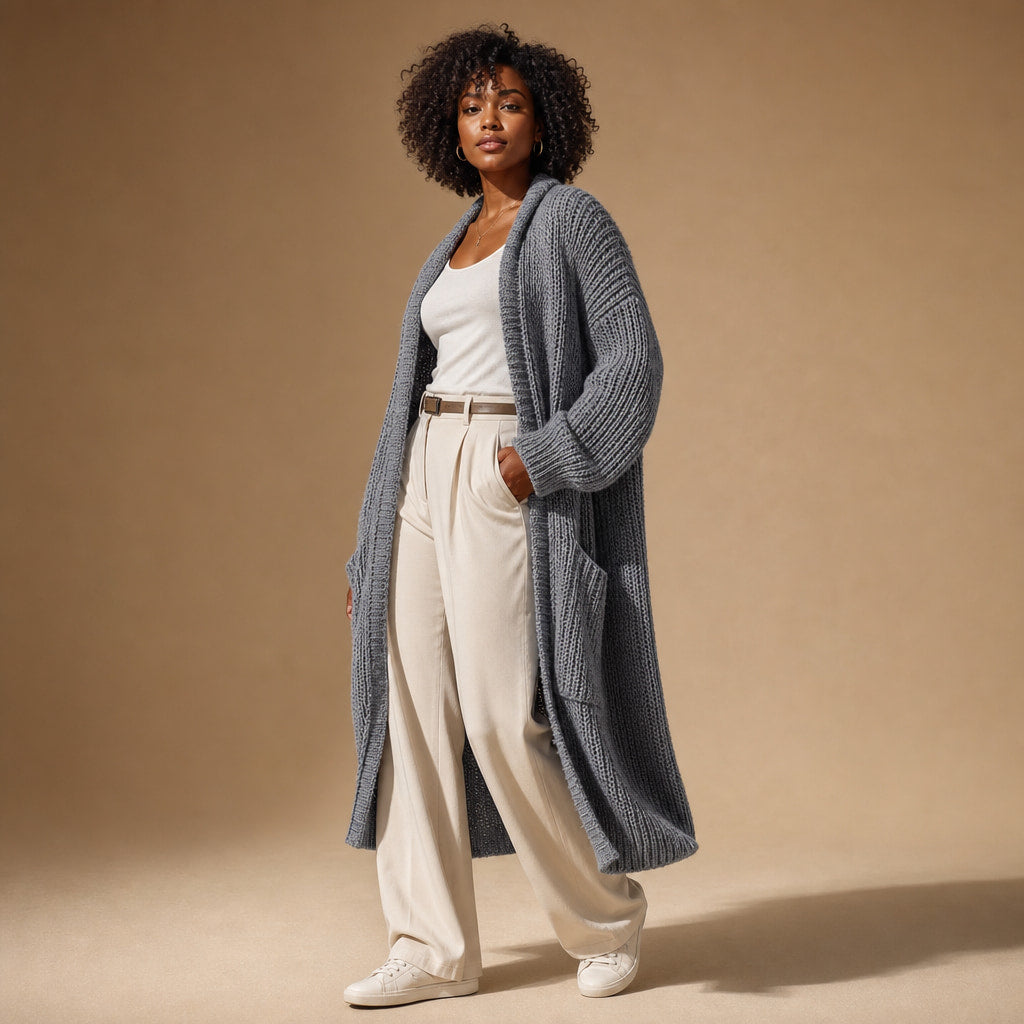 Cozy Confidence Longline Cardigan Grey – Side Angle View
