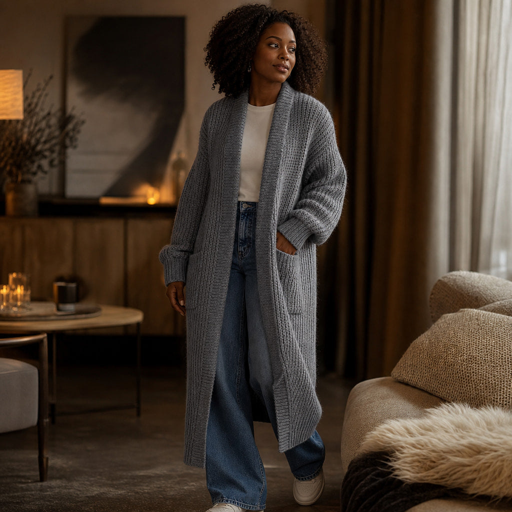 Cozy Confidence Longline Cardigan Grey – Styled Editorial Shot