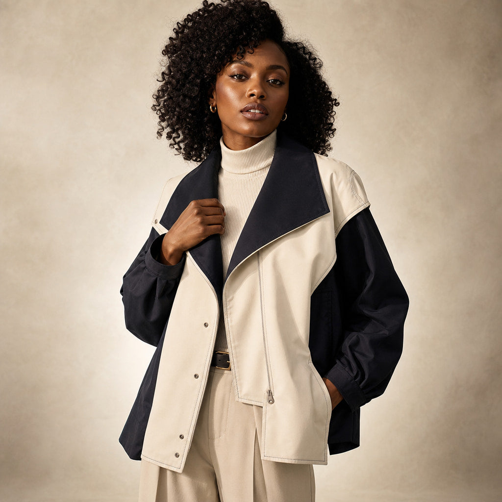 Amelia Asymmetrical Two-Tone Jacket Midnight Black – Product Photo