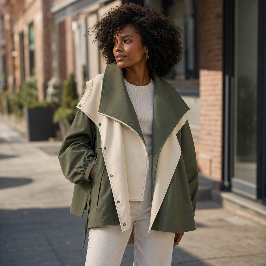 Amelia Asymmetrical Two-Tone Jacket Mint Green – Styled Editorial Shot