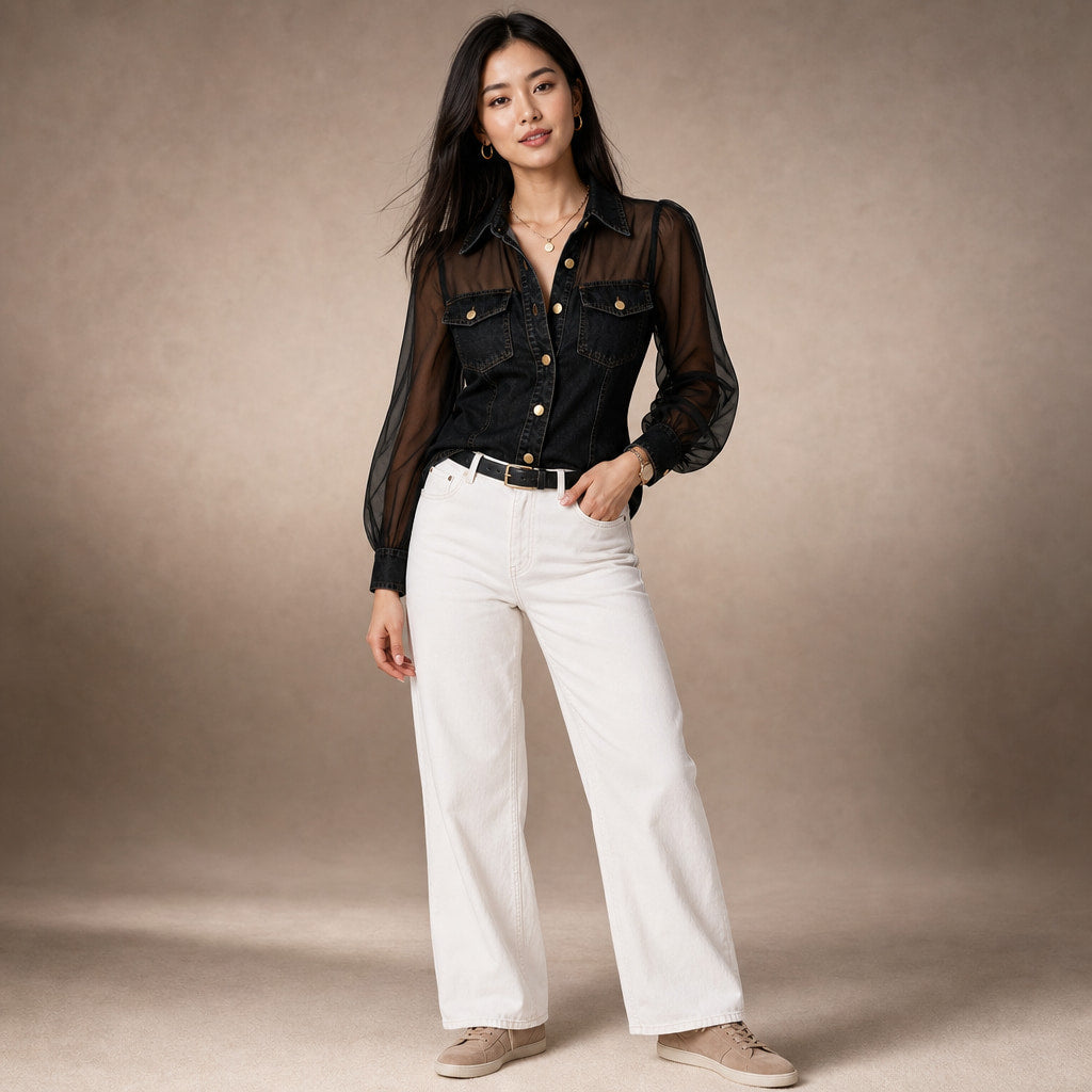 Amelie - Stylish Denim-Look Blouse Black – Product Photo