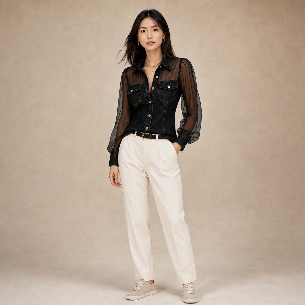 Amelie - Stylish Denim-Look Blouse in Black – Mampierimoda Premium Womenswear