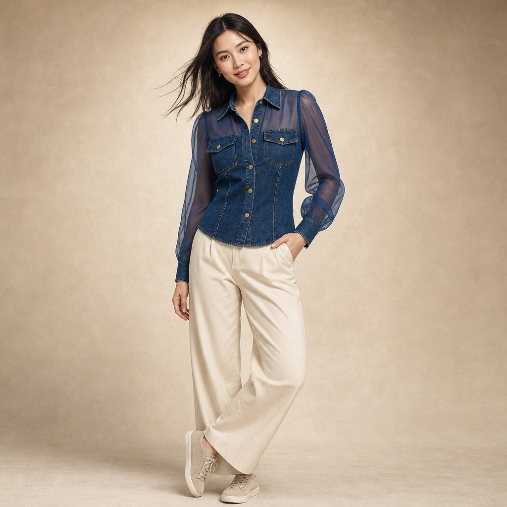 Amelie - Stylish Denim-Look Blouse Dark Blue – Side Angle View