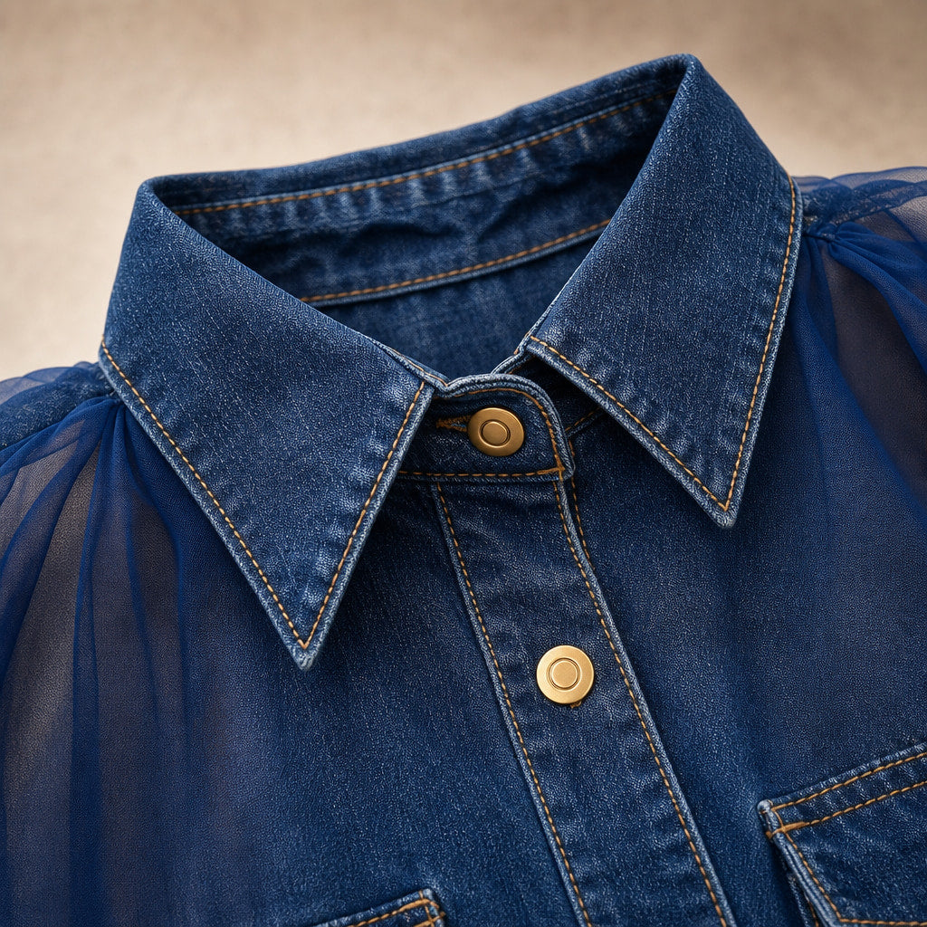 Amelie - Stylish Denim-Look Blouse Dark Blue – Fabric and Detail Close-Up