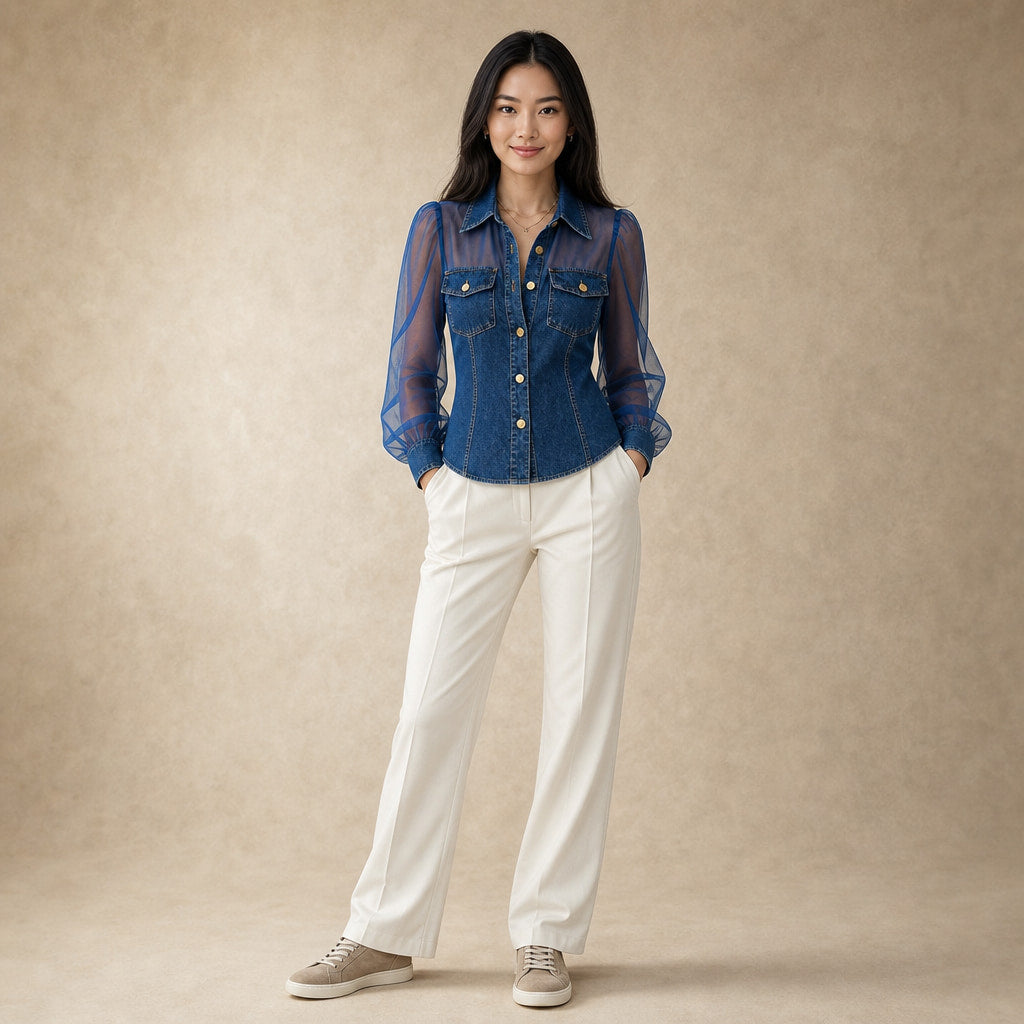 Amelie - Stylish Denim-Look Blouse Dark Blue – Full Look