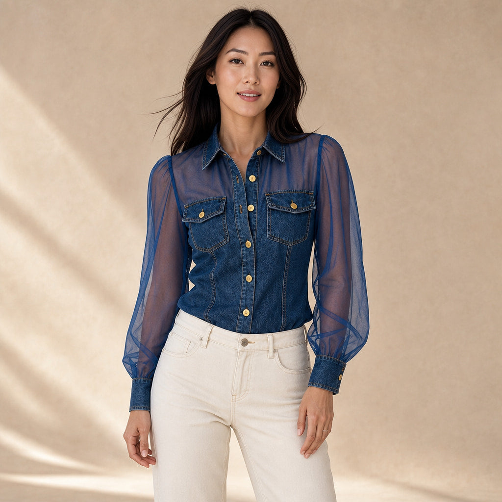 Amelie - Stylish Denim-Look Blouse in Dark Blue – Mampierimoda Premium Womenswear