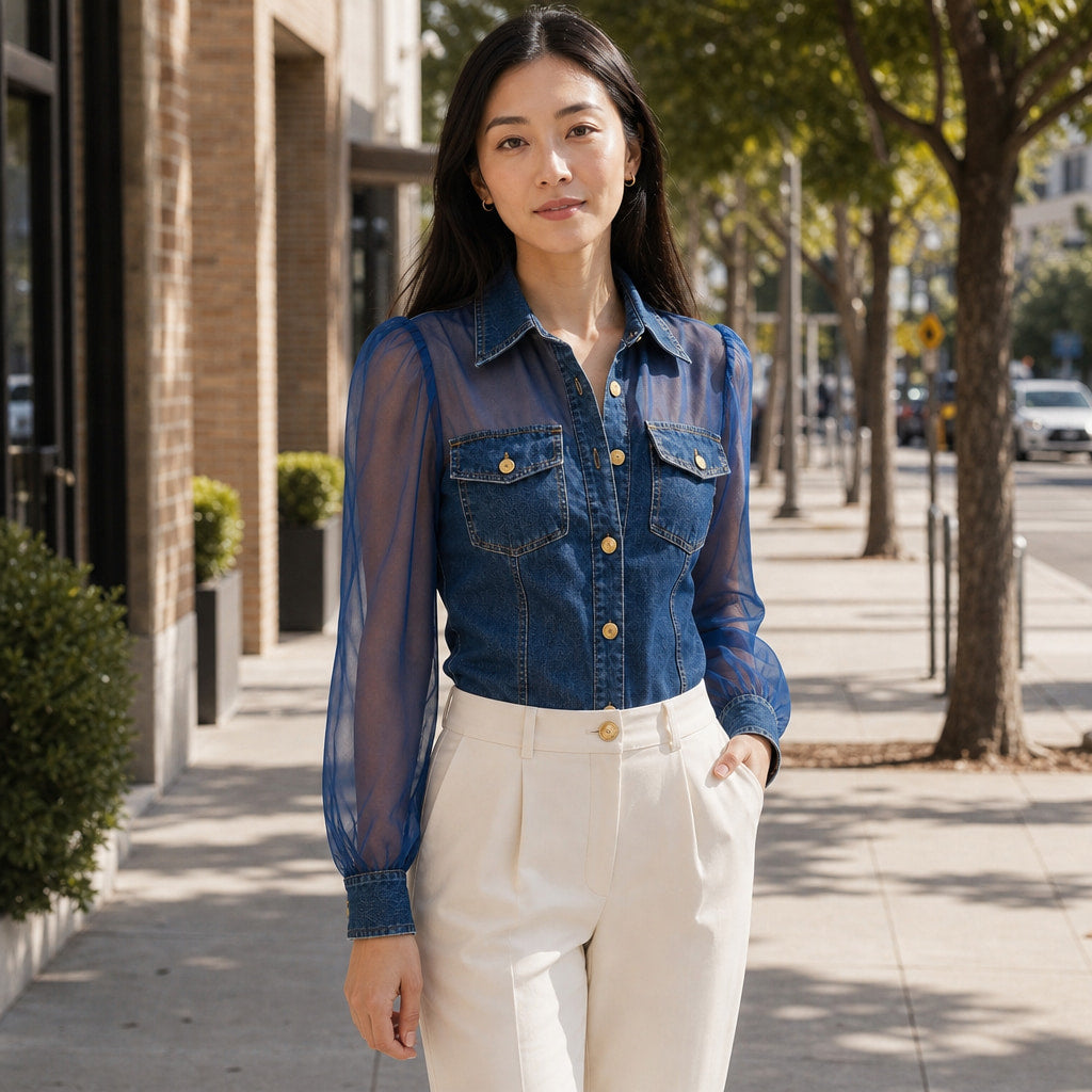 Amelie - Stylish Denim-Look Blouse Dark Blue – Styled Editorial Shot