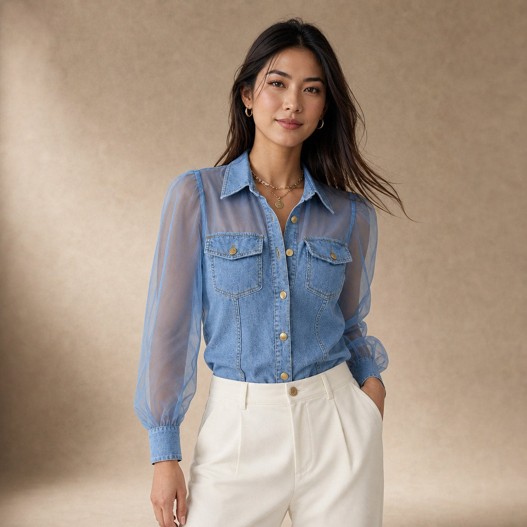 Amelie - Stylish Denim-Look Blouse Light Blue – Product Photo