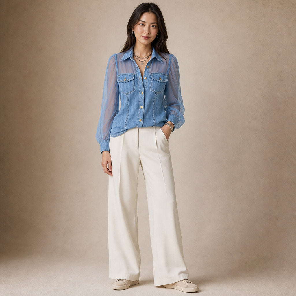 Amelie - Stylish Denim-Look Blouse in Light Blue – Mampierimoda Premium Womenswear