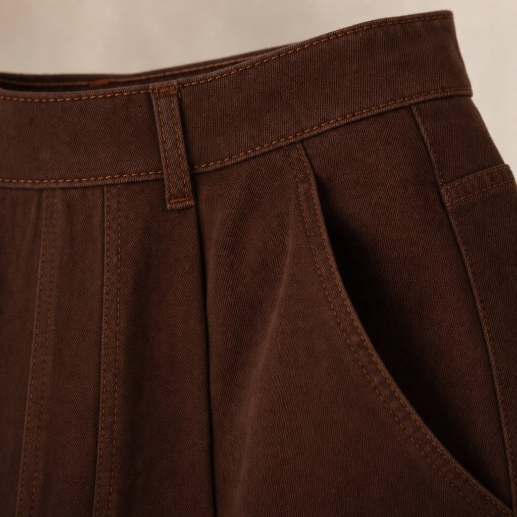 Amy Pants - Chocolate Denim Chocolate Denim – Fabric and Detail Close-Up