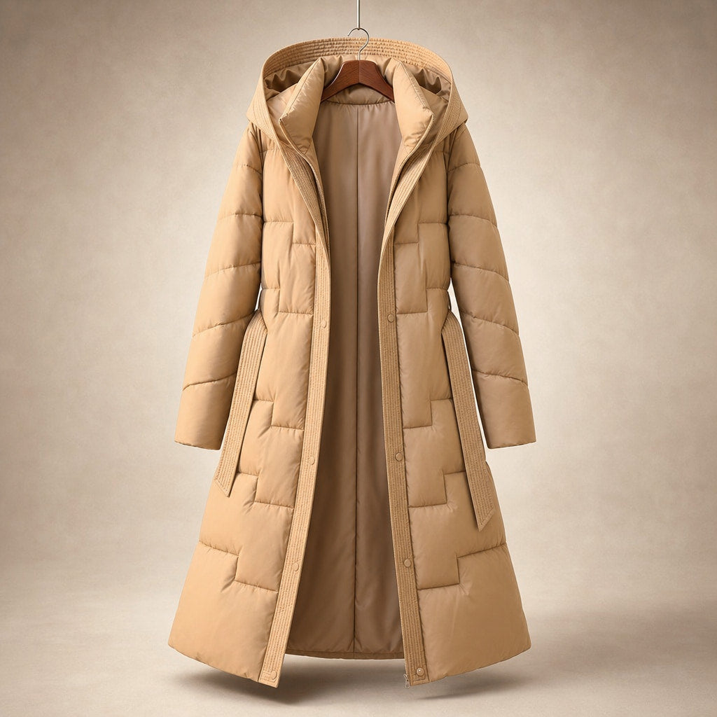 Anastasia Quilted Hooded Coat Cream Beige – Product Photo