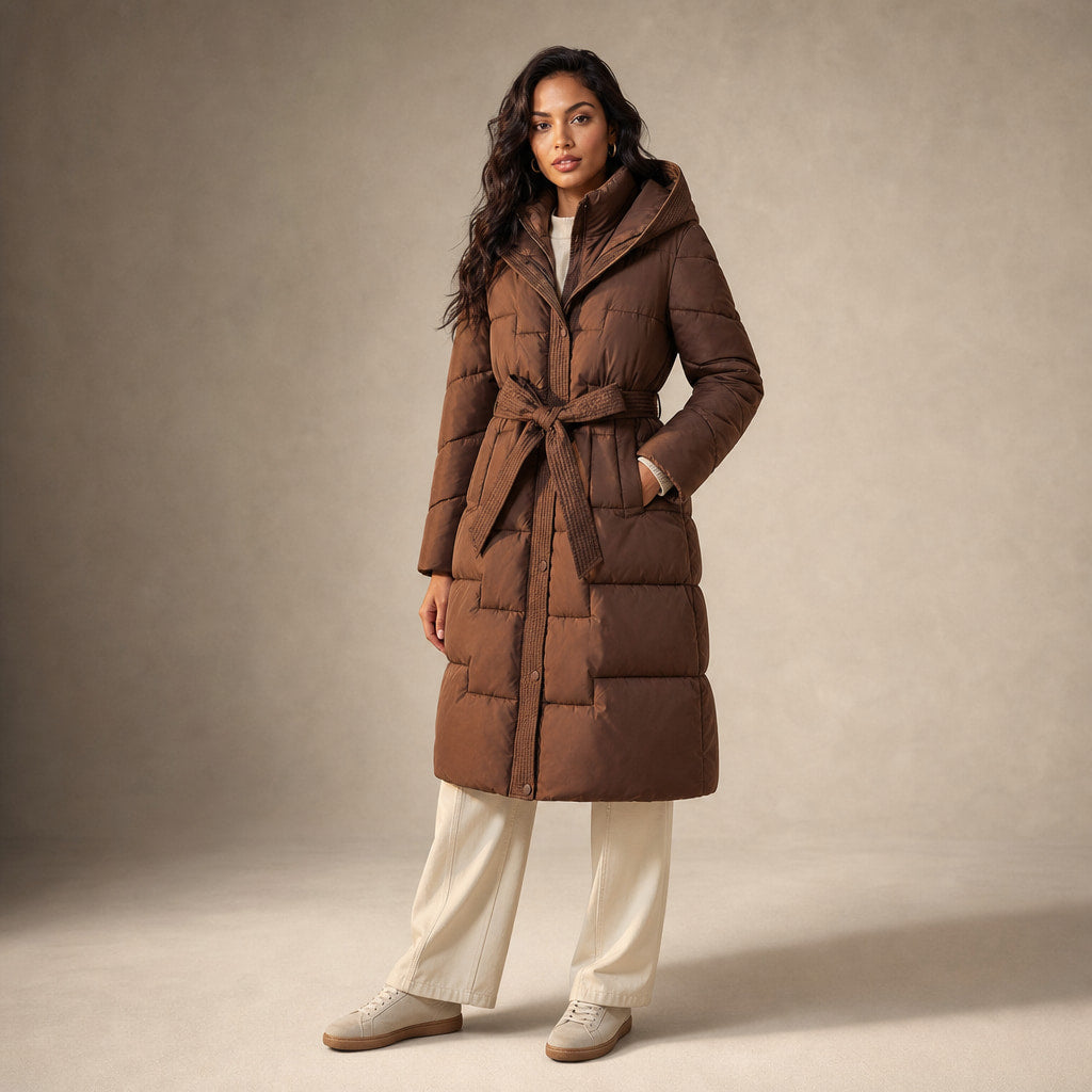 Anastasia Quilted Hooded Coat Truffle Brown – Side Angle View