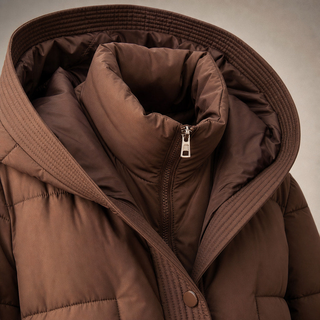 Anastasia Quilted Hooded Coat Truffle Brown – Fabric and Detail Close-Up