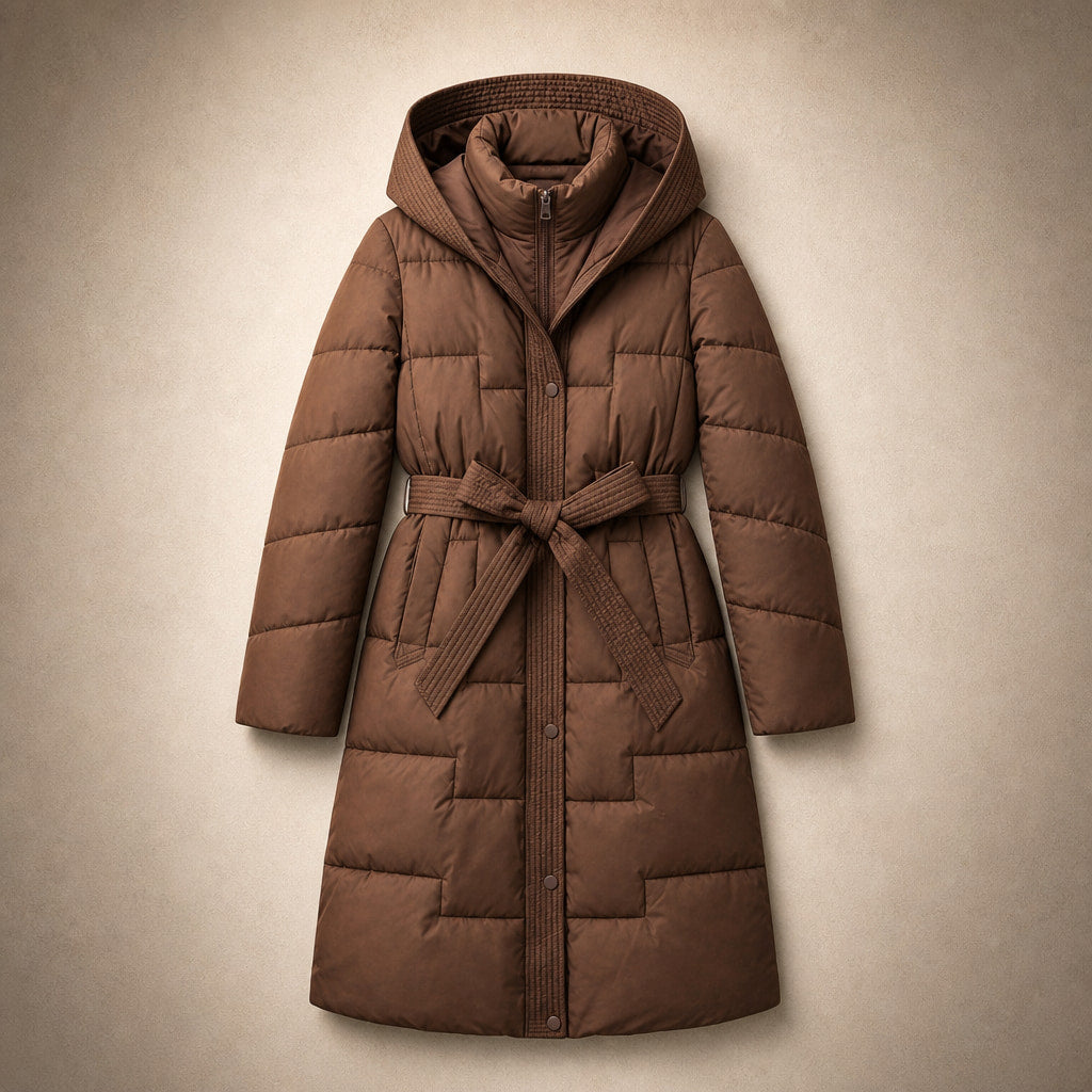 Anastasia Quilted Hooded Coat Truffle Brown – Flat Lay Product Photo