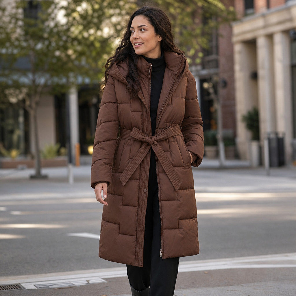 Anastasia Quilted Hooded Coat Truffle Brown – Styled Editorial Shot