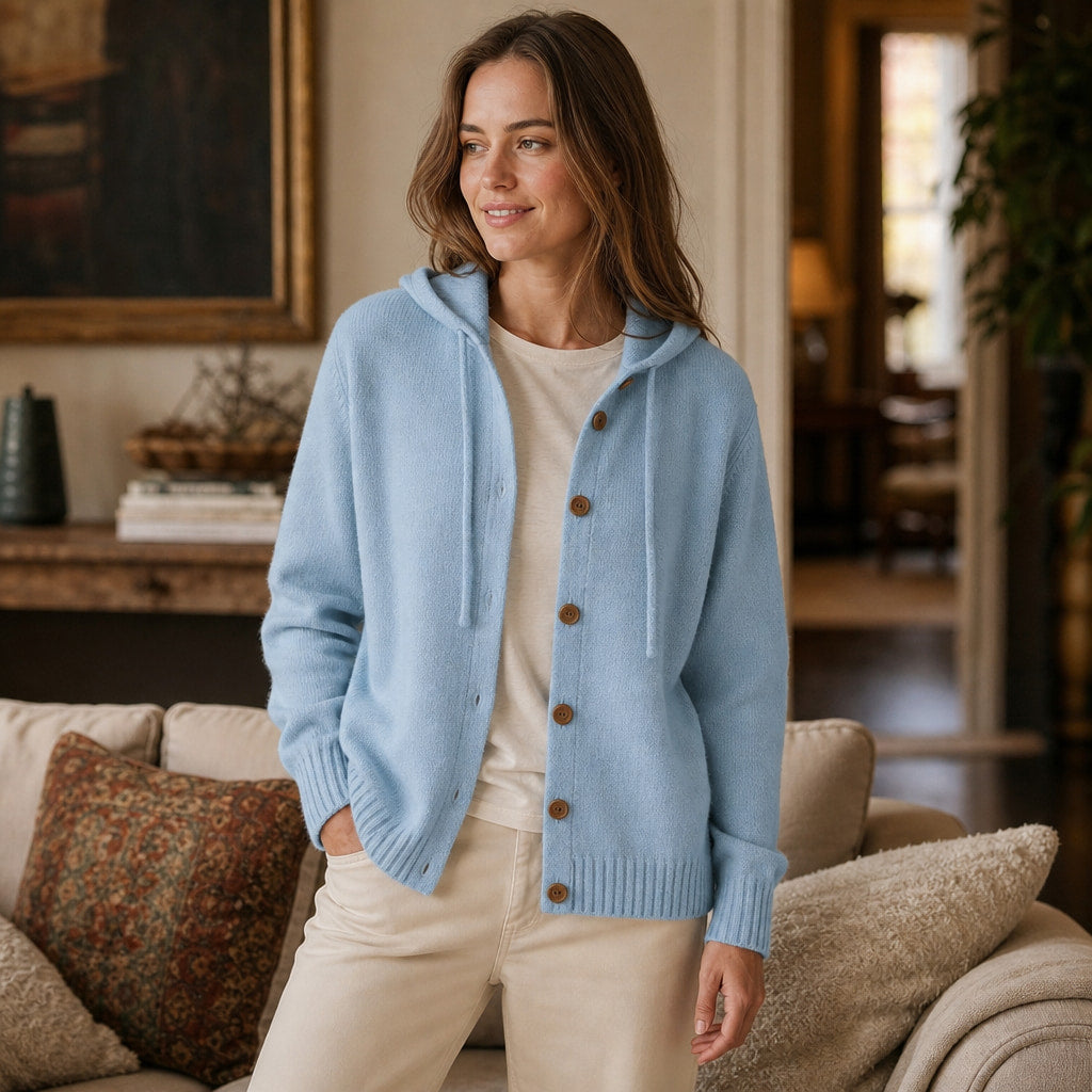 Ancelin Hooded Cardigan Blue – Styled Editorial Shot