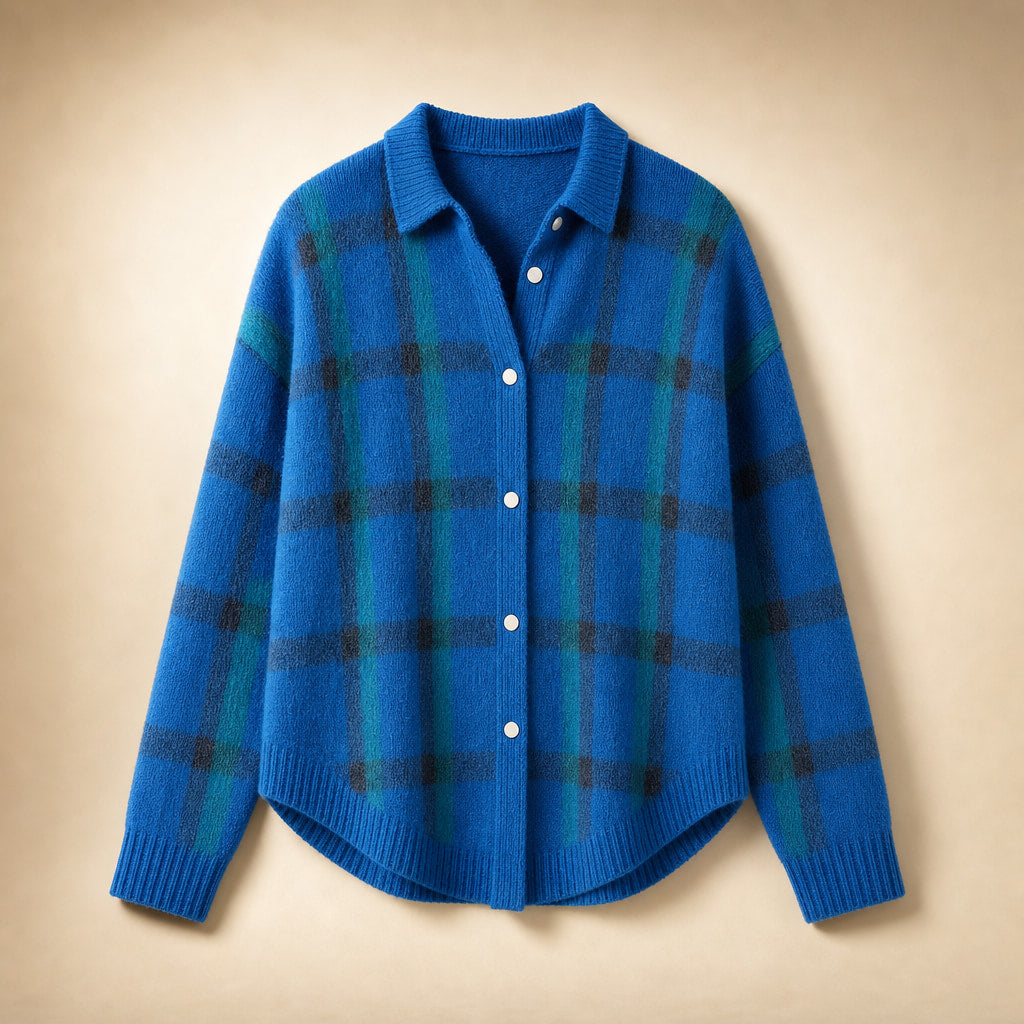 Anna - Soft Check Knit Cardigan Blue – Product Photo
