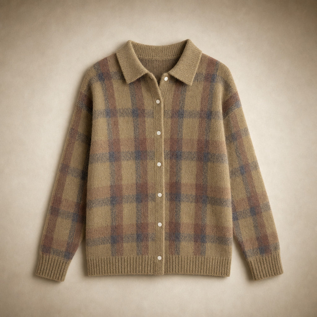 Anna - Soft Check Knit Cardigan Brown – Product Photo