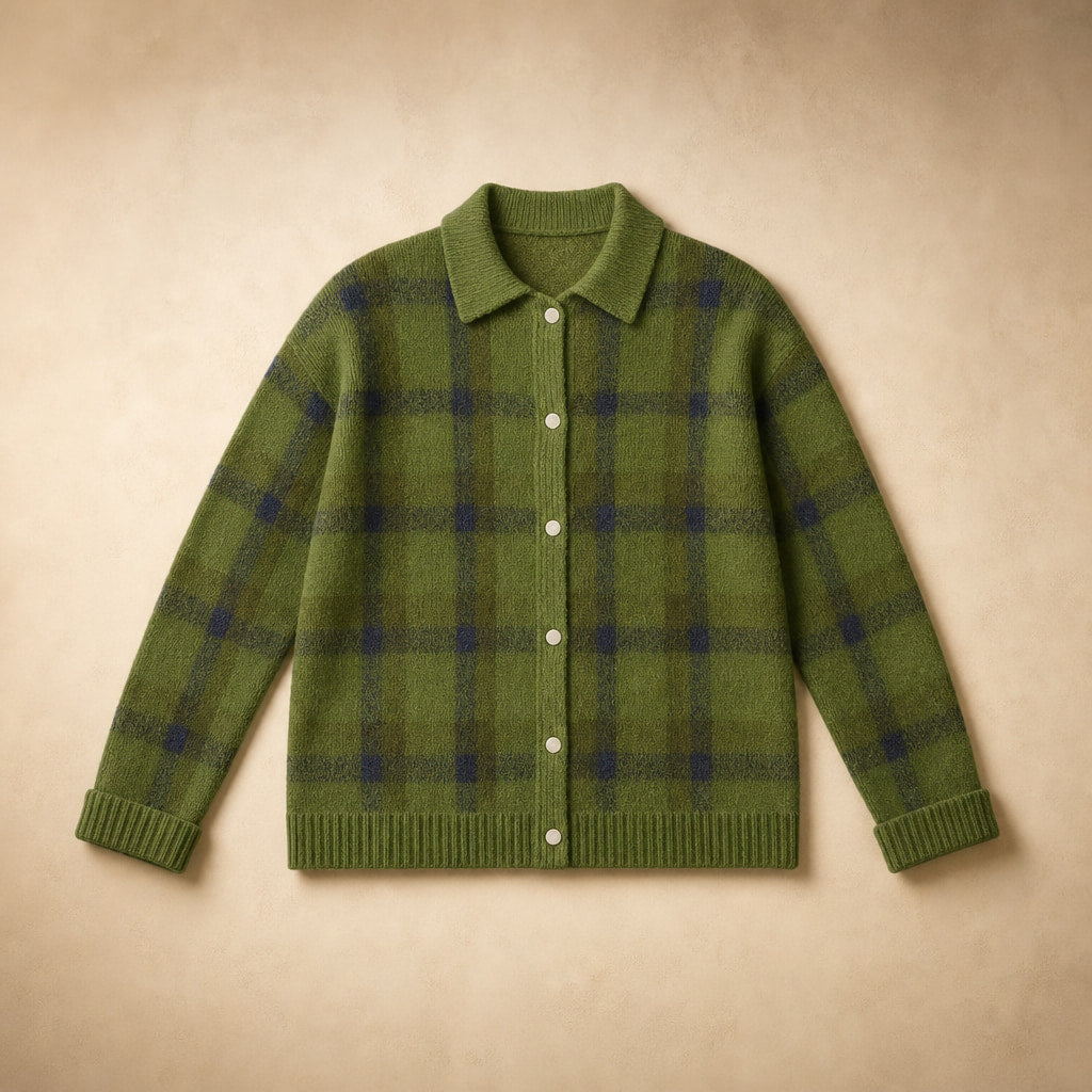 Anna - Soft Check Knit Cardigan Green – Product Photo