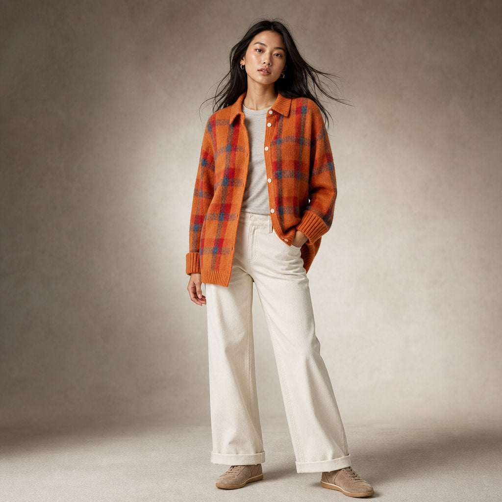 Anna - Soft Check Knit Cardigan Orange – Side Angle View