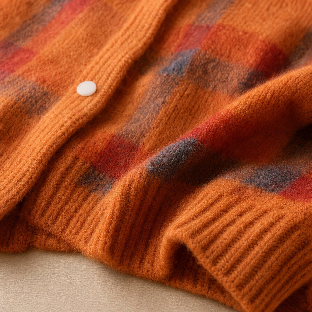 Anna - Soft Check Knit Cardigan Orange – Fabric and Detail Close-Up