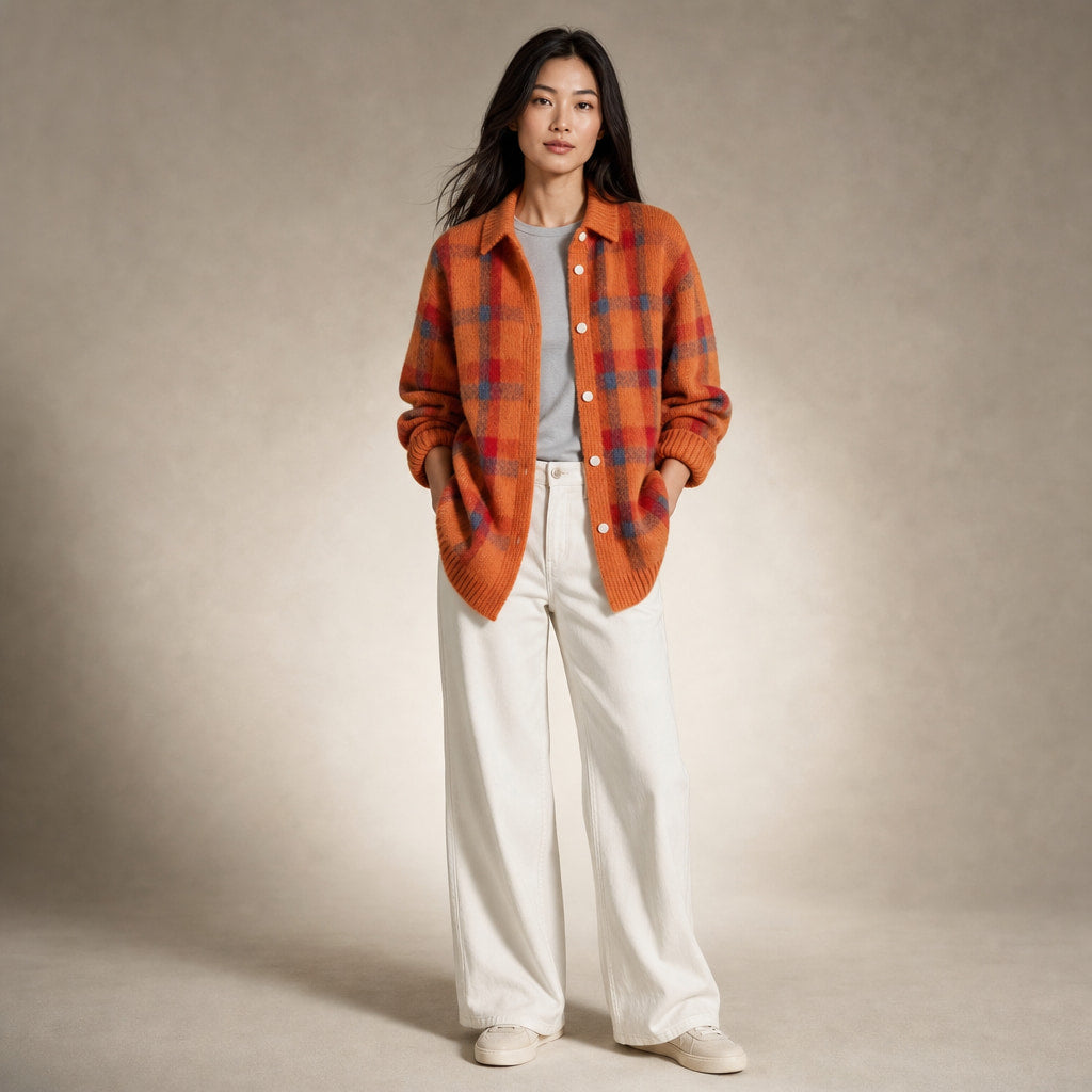 Anna - Soft Check Knit Cardigan Orange – Full Look