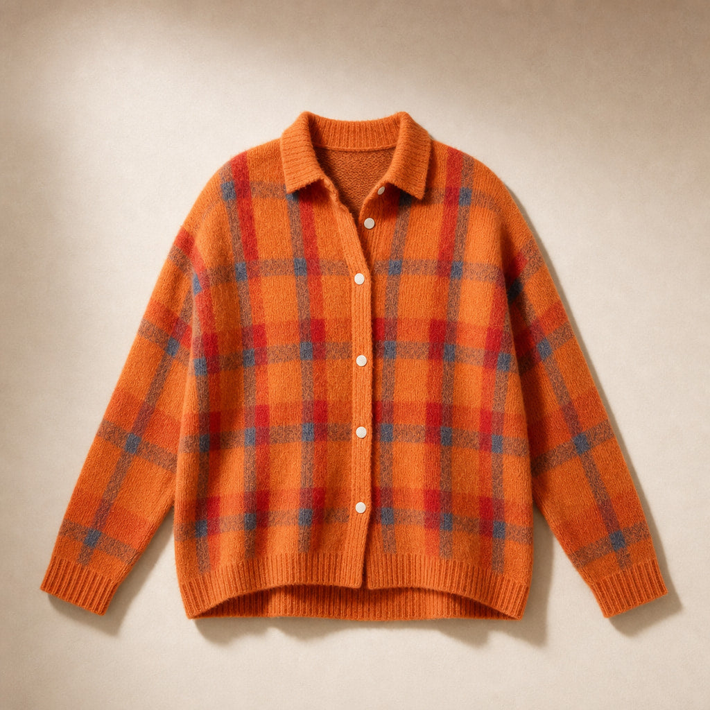Anna - Soft Check Knit Cardigan Orange – Product Photo