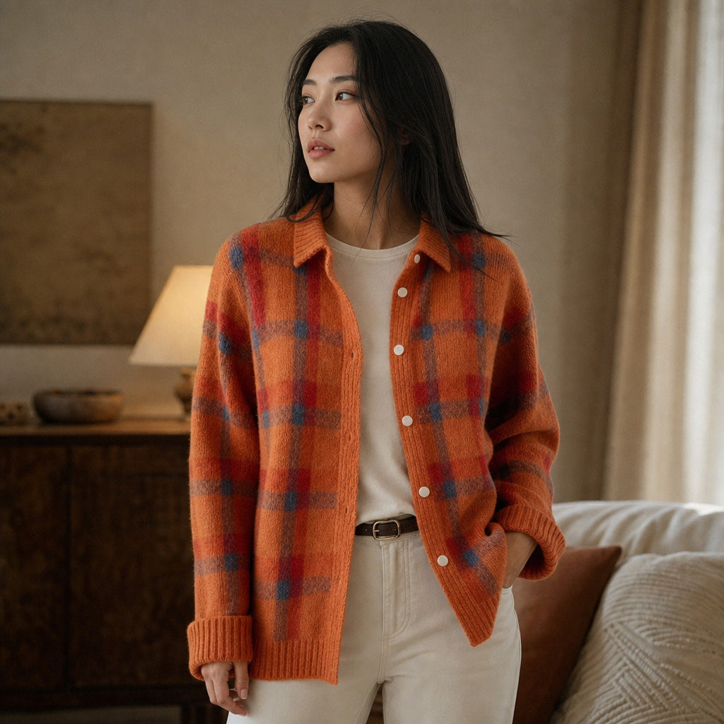 Anna - Soft Check Knit Cardigan Orange – Styled Editorial Shot