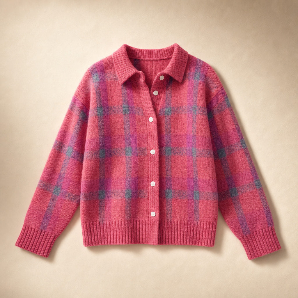 Anna - Soft Check Knit Cardigan Pink – Product Photo
