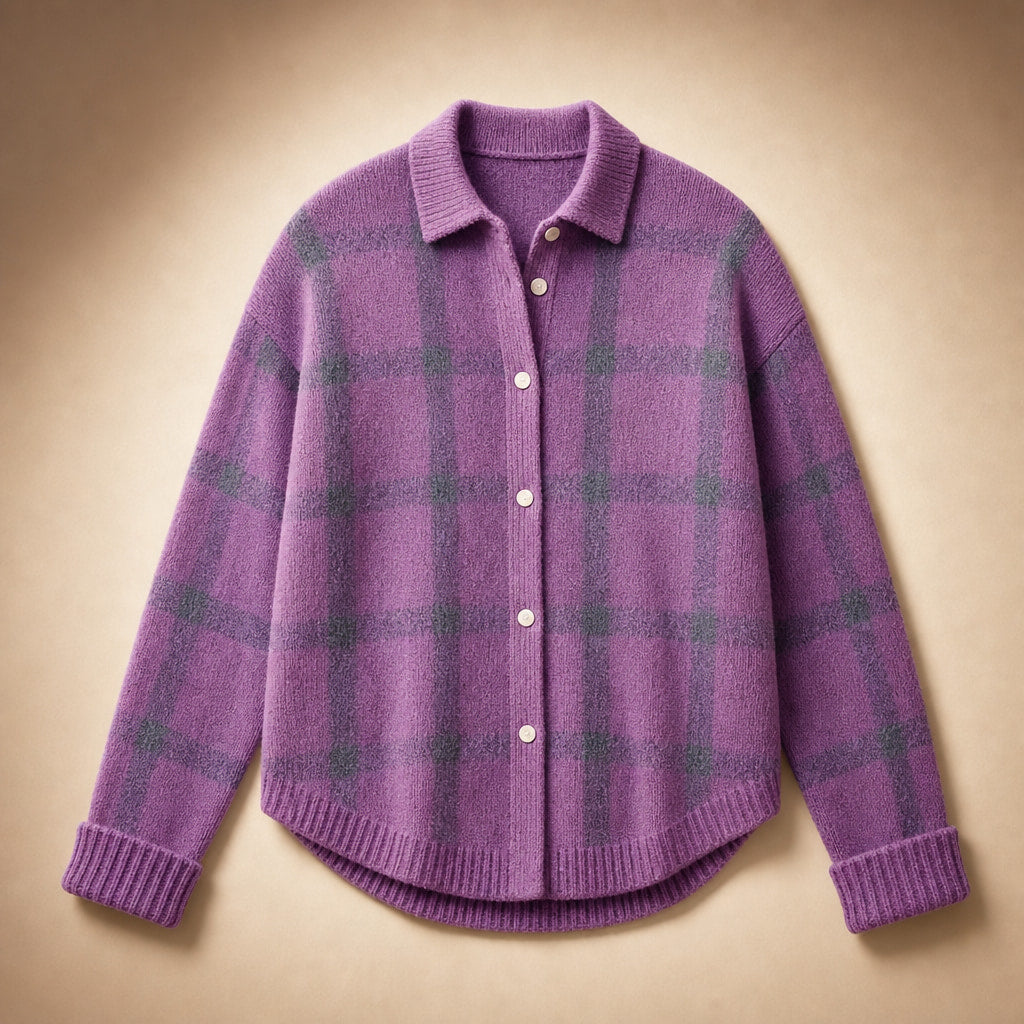 Anna - Soft Check Knit Cardigan Purple – Product Photo