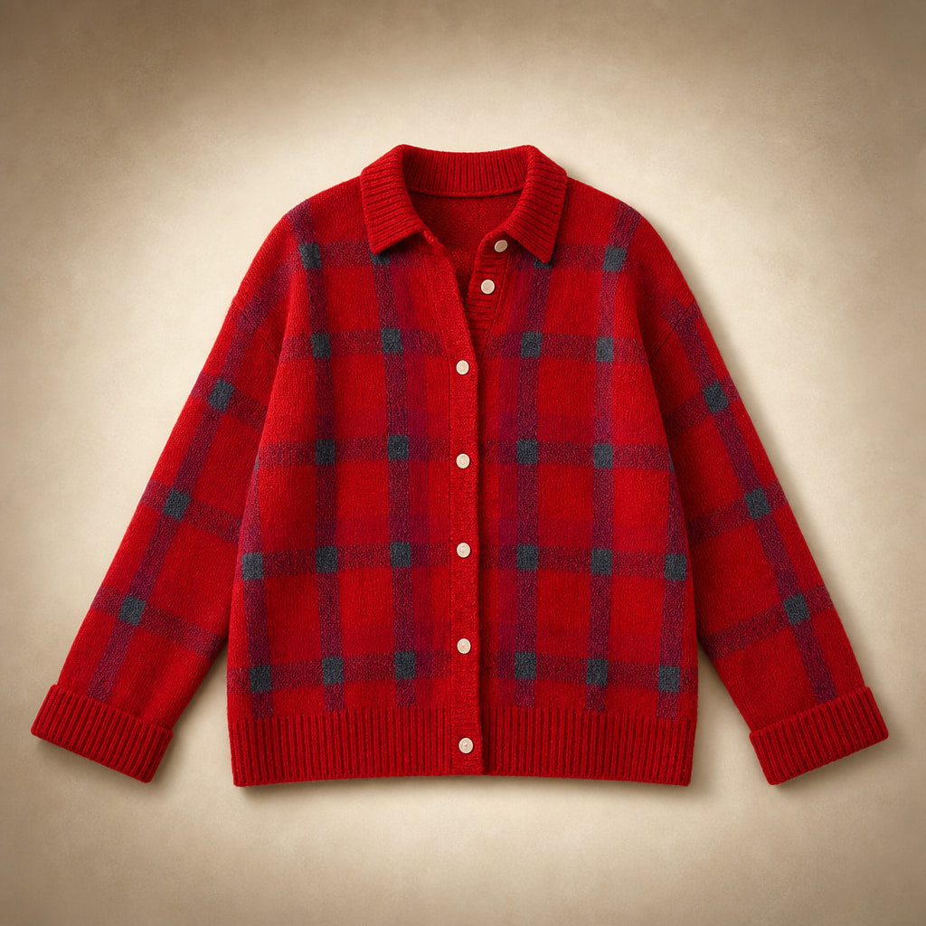 Anna - Soft Check Knit Cardigan Red – Product Photo