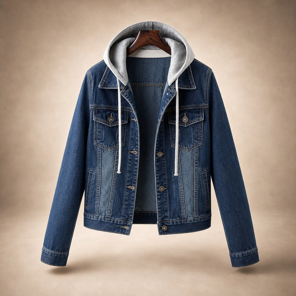 Aria Denim Hooded Jacket Dark Blue – Product Photo