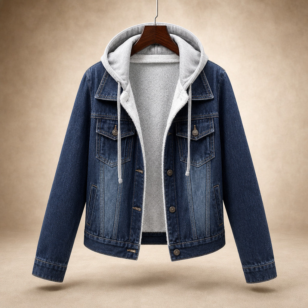 Aria Denim Hooded Jacket Dark Blue (Shearling) – Product Photo