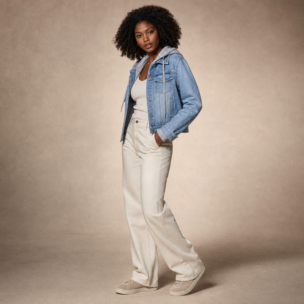Aria Denim Hooded Jacket Light Blue – Side Angle View
