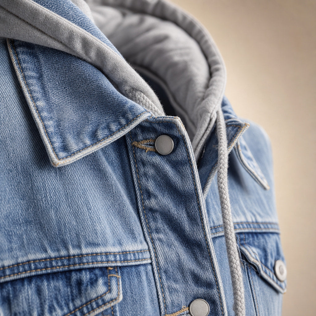 Aria Denim Hooded Jacket Light Blue – Fabric and Detail Close-Up