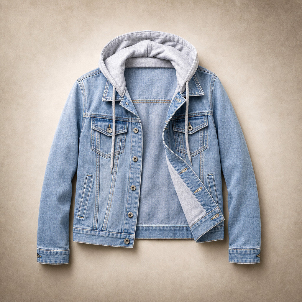 Aria Denim Hooded Jacket Light Blue – Flat Lay Product Photo