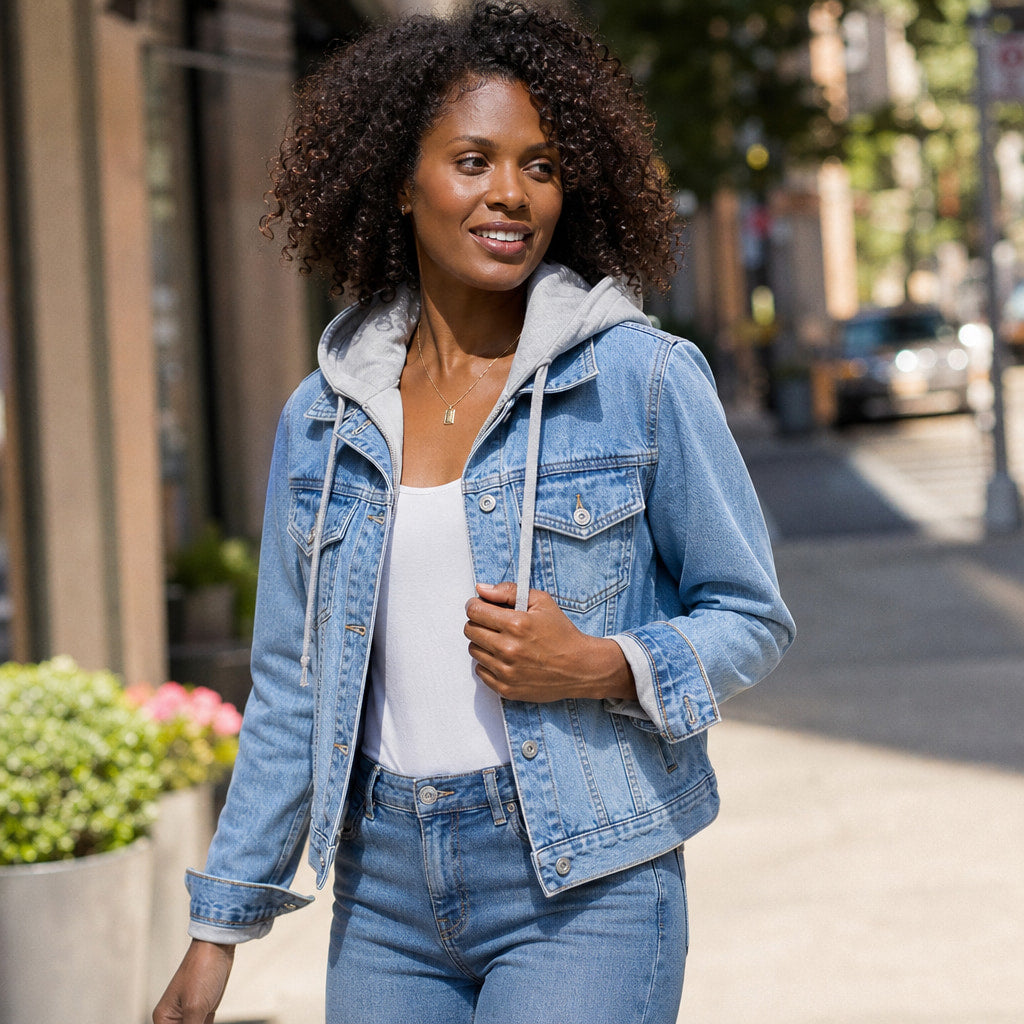 Aria Denim Hooded Jacket Light Blue – Styled Editorial Shot