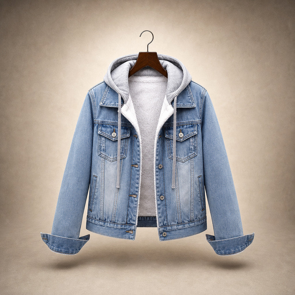 Aria Denim Hooded Jacket Light Blue (Shearling) – Product Photo