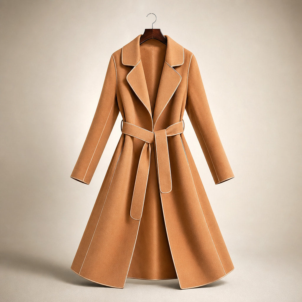 Aria Virgin Wool Trench Coat Amber Camel – Product Photo