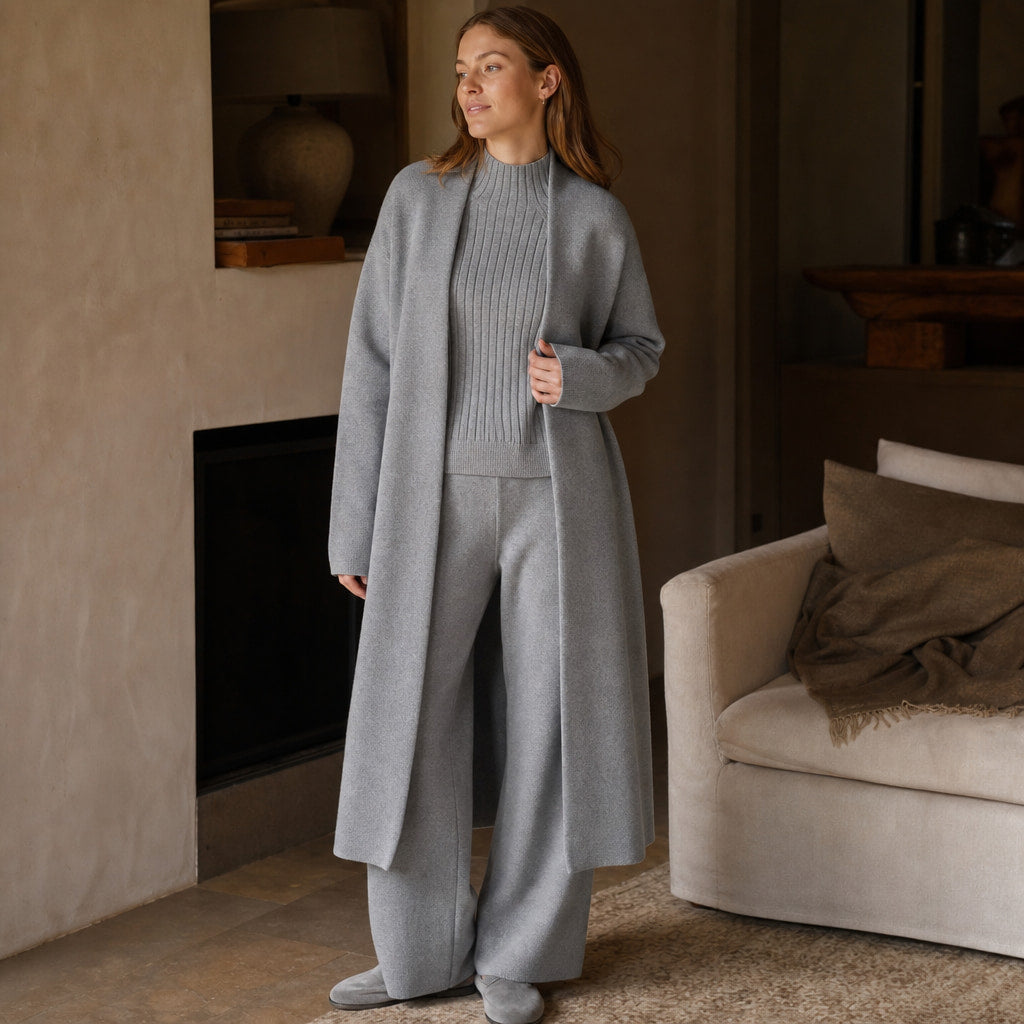 Ariana Prestige Virgin Wool Set Slate Gray – Styled Editorial Shot